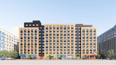 large mixed-use building rendering on Surf Avenue in Coney Island
