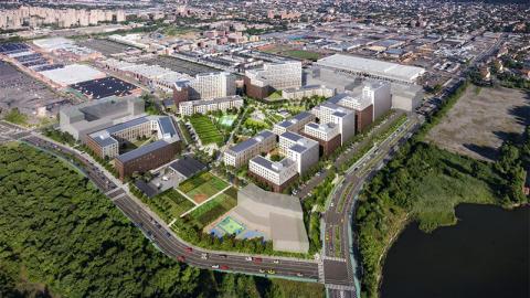 Rendering of the Alafia campus along Fountain Avenue and Betts Creek in East New York, Brooklyn