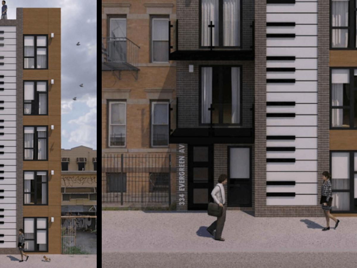 Bushwick building with giant keyboard facade on the rise